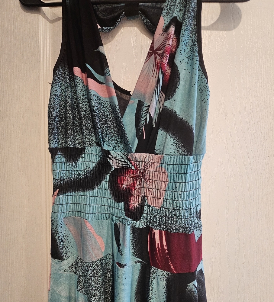 Blue Smocked Asymmetrical Halter Sundress